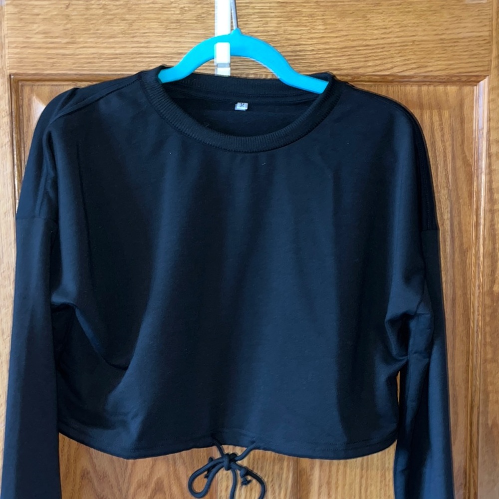 Black cropped drawstring crew neck